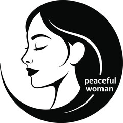Peaceful Woman Silhouette in Crescent Hair Design. Mindful Female Profile Vector with Flowing Hair.