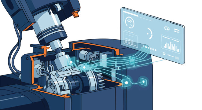 Detailed illustration of an internal combustion engine's complex mechanics with futuristic digital interface displaying data.