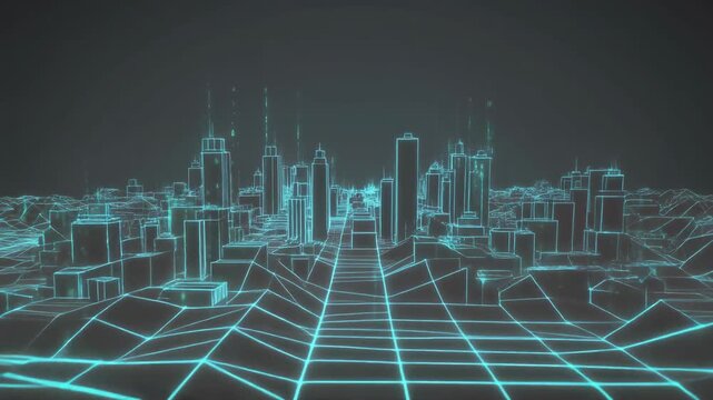 Glowing data streams flow beneath a simplified city surface in an abstract visualization.