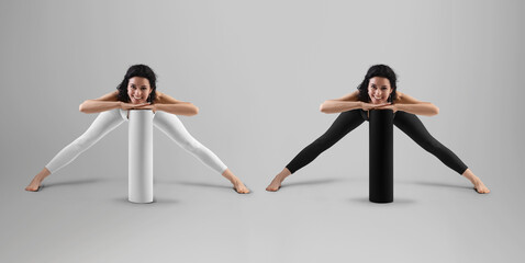 Template of white, black floor mat for yoga, rolled up, leggings, top on posing trainer, front view. Set