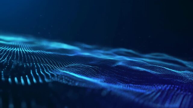 Abstract visualization of flowing digital data wave with motion and particle drift