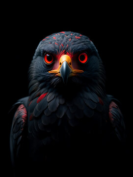 Close-up of a Black Hawk Bird with Red Eyes on Dark Background