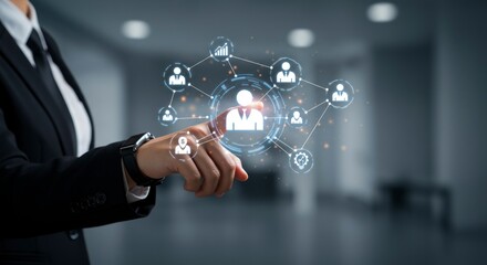 A businesswoman touches a digital human resources network interface