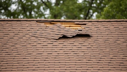 Damaged brown shingled roof with exposed wooden beams and trees in background shingles