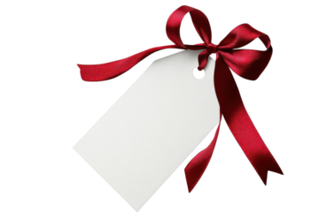 Blank white gift tag with luxurious deep red satin ribbon bow for design on transparent background