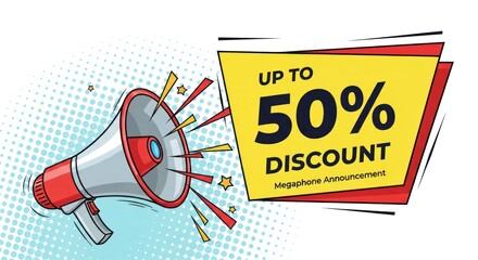 A cartoon megaphone announces a discount offer on a backdrop