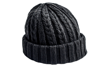 Dark charcoal grey knitted winter beanie hat with thick cable knit texture for apparel on transparent background