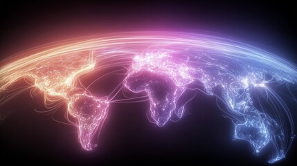 Glowing Neon World Map Showing Global Digital Connectivity And Data Network Connections Across Continents Worldwide Technology Hub