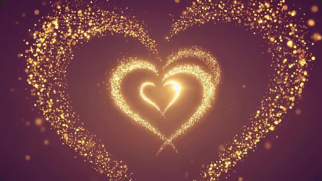 Mesmerizing golden sparkling particles elegantly form a nested heart shape composition radiating bright light against a dark romantic background suitable for celebration.