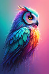 Obraz premium Vibrant Colorful Owl Illustration with Rainbow Feathers