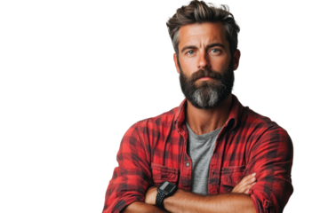 Rugged bearded man with salt and pepper hair wearing a red plaid shirt stands confidently with arms crossed on transparent background