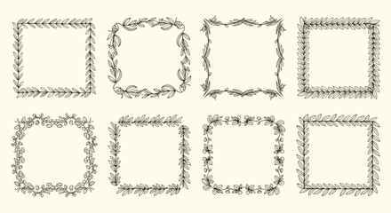 Obraz premium Collection of eight hand-drawn square floral frames with various leaves and branches creating a rustic and natural doodle border set.