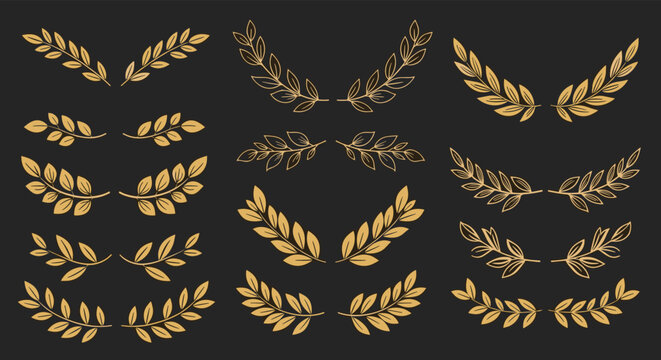 Collection of golden hand-drawn laurel and olive branch dividers perfect for creating elegant award certificates and classic wedding designs.