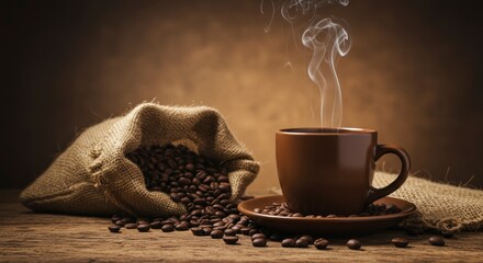 A cup of warm beverage and beans with burlap on a wooden table