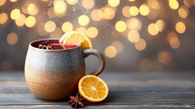 Cozy hot mulled wine with oranges and spices against festive bokeh lights