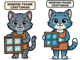 Two cartoon cats as skilled craftsmen holding window frames and showcasing their work in a cheerful manner