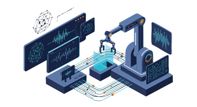 Advanced robotic arm performing intricate tasks with futuristic digital interfaces displaying data and complex algorithms.