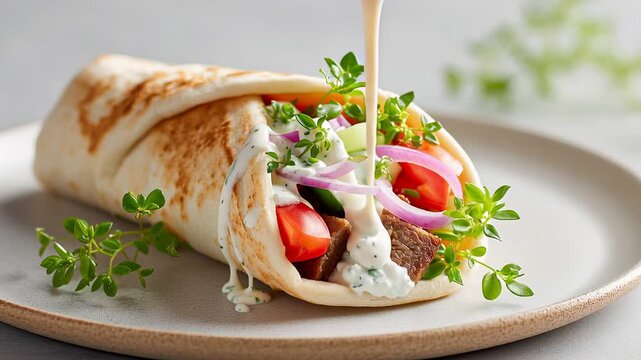 Fresh mediterranean gyro wrap with vegetables and herbs on a ceramic plate