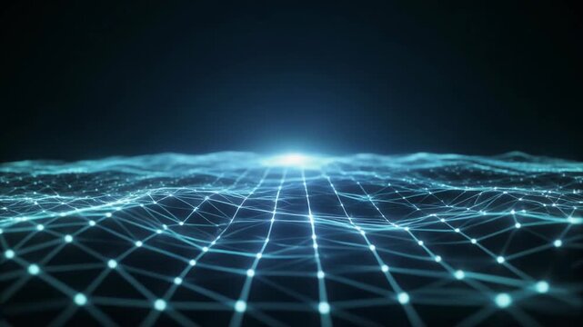 Glowing digital data streams flow under a simplified surface plane in an illustrated scene.