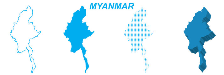 Myanmar Map Vector Set, Southeast Asia Outline Silhouette Dotted 3D Solid Shapes, Myanmar Country Infographic Template, Editable EPS Myanmar Geography