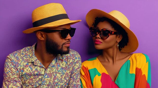 Man and woman wearing patterned shirts and hats against purple background.