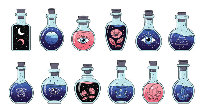 Collection of magical potion bottles in various shapes filled with colorful liquids containing celestial elements flowers and crystals.