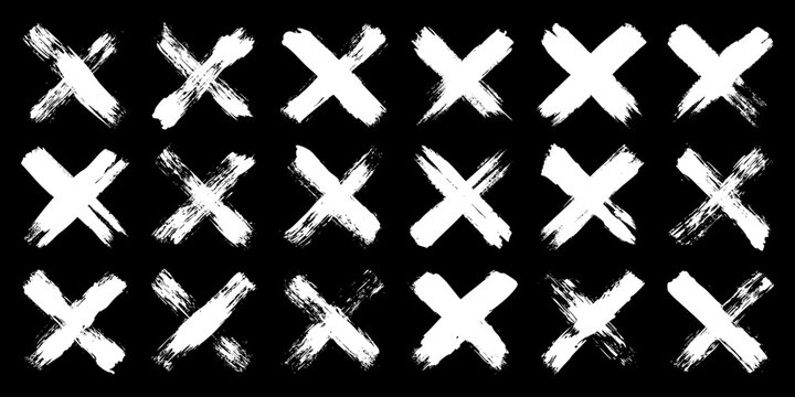 Grunge crosses, brush strokes, x mark, lines, ink smudges, hand-drawn scribble shapes. Handmade sketchy marks, acrylic stains, charcoal streaks. Paint textures, dry brush effect. Vector illustration