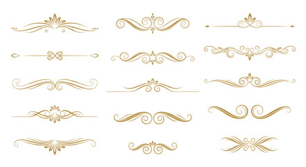 Collection of golden vintage calligraphic dividers with elegant swirls and flourishes perfect for classic and luxurious text decoration.