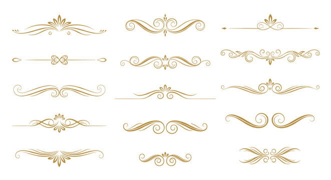 Collection of golden vintage calligraphic dividers with elegant swirls and flourishes perfect for classic and luxurious text decoration.