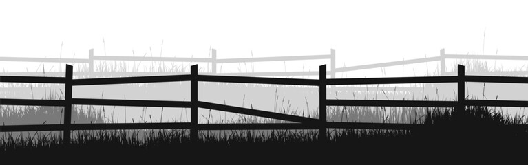 Meadow silhouettes with grass and old wooden fence. Countryside, panoramic summer lawn rural landscape with herbs, weeds. Herbal border, frame element. Black horizontal banners. Vector illustration