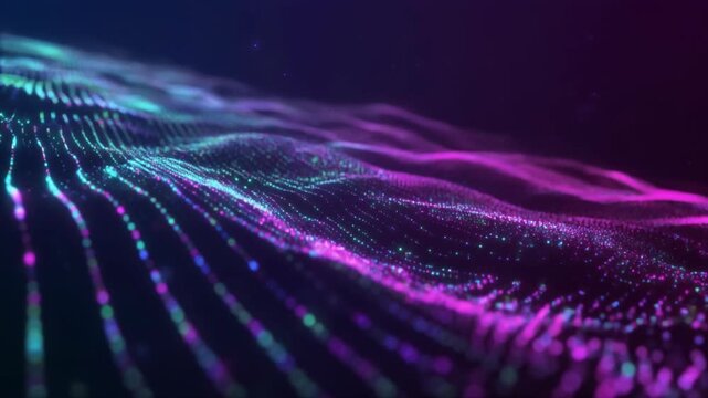 Digital particles representing data values moving along invisible paths in a futuristic landscape