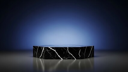 Elegant black marble pedestal illuminated by soft blue spotlight in a studio