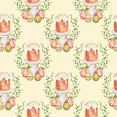 Seamless pattern of easter cake on a stand cake, willows and eggs on a beige background. Watercolor illustration. For fabric, wallpaper, packing paper, greeting cards, decoration.