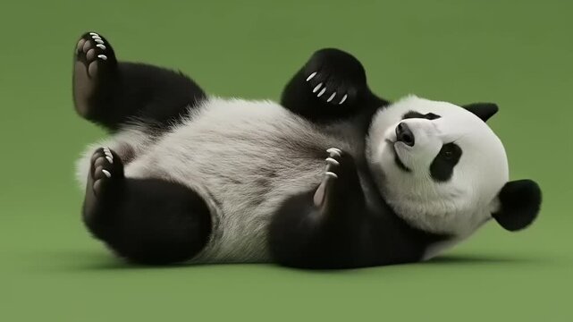 Adorable Panda Lying on Back Relaxing on Green Background.
