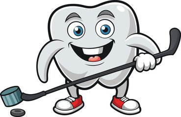 Fototapeta premium Animated tooth character playing hockey with stick and puck