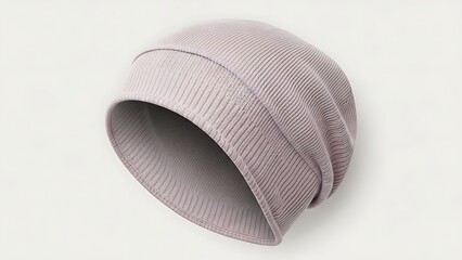 A soft light purple knitted beanie hat with a ribbed cuff, angled on a plain background.