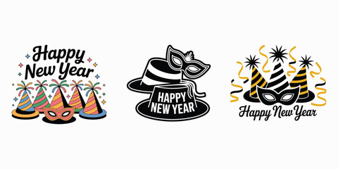 Happy New Year 2026 Party Hats and Masks Celebration