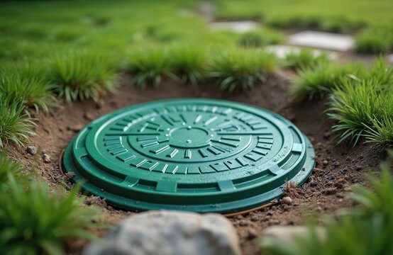 Green plastic lid secures septic tank access point, blending within ground cover. Safe wastewater management and clean yard with easy inspection access for sewage plumbing maintenance.