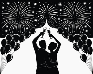 Romantic New Year Toast Fireworks Couple Silhouette 2026