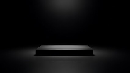 A solitary illuminated platform stands in a darkened dramatic space