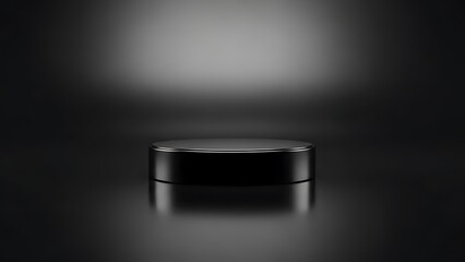 A sleek black cylindrical object highlighted by a dramatic spotlight in darkness