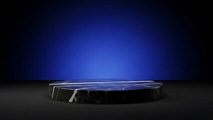 Dramatic spotlight illuminates a dark marble pedestal on a black surface