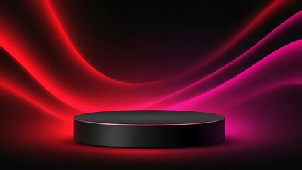 Dramatic red and pink neon light illuminates a sleek black circular platform