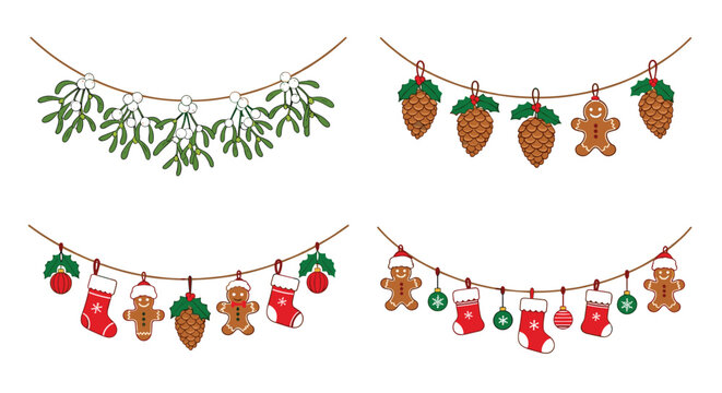 Set of four festive Christmas garlands featuring mistletoe pine cones gingerbread men and stockings in a cute pixel art style.