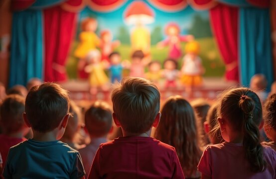 Group of young children attentively observe vibrant puppet show on stage. Colorful backdrop features animated characters, playful scenes. Scene inspires wonder, joy at this family entertainment event.