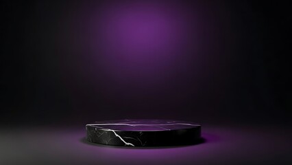 Dramatic spotlight illuminates a dark marble pedestal in a void space