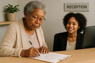 Senior woman completes medical registration form at clinic reception desk while staff member smiles.