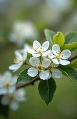 Fototapeta premium Closeup shows white apple tree flowers with green leaves on blurred background. Spring blooms. Floral freshness and vibrant colors, gentle blossoming. Nature scene of new life in orchard.