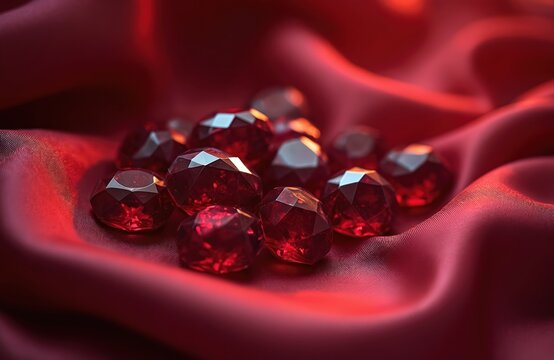 Pile of red rubies rests on silk fabric. Gems show luxury and wealth. Precious ruby stones sparkle. Red gems for jewelry, collection or investment. Treasure of mineral stones.