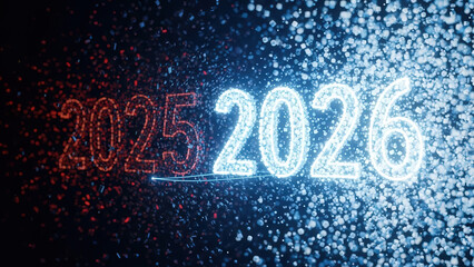 2026 forming from digital particles replacing old year remnants
